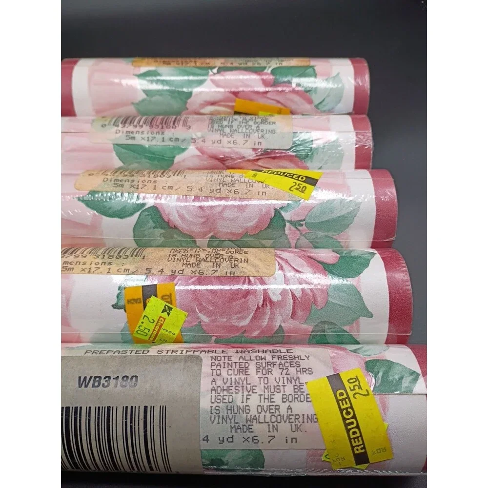 Vtg 1980s Wallpaper Border Mauve Roses Floral 5 Rolls 6.7